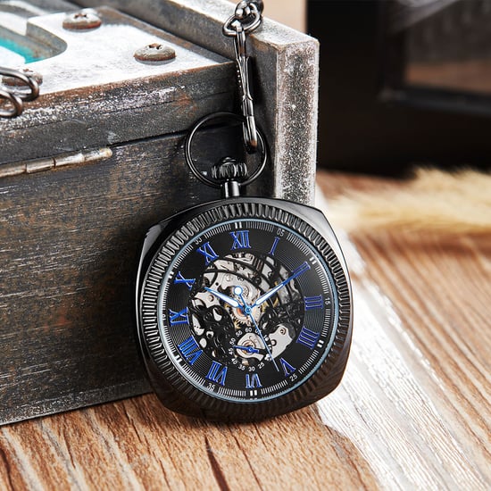 Mechanische schwarz-blaue Vintage-Skelett-Taschenuhr mit offenem Zifferblatt - Image 5