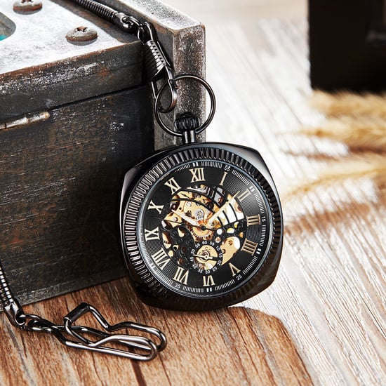 Mechanische, quadratische, offene Taschenuhr im Vintage-Stil aus Schwarzgold - Image 5