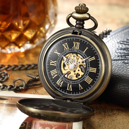 Vinatage Taschenuhr mit Skelett-Halbjäger-Motiv, Bronze, mechanische Legierung - Image 4