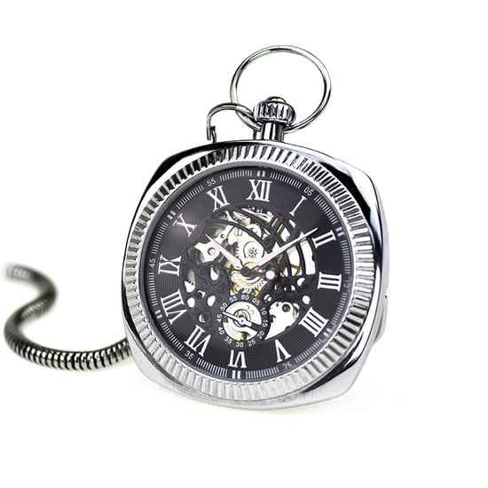 Mechanische, silberne, quadratische, offene Vintage-Taschenuhr im Skelett-Stil - Image 2