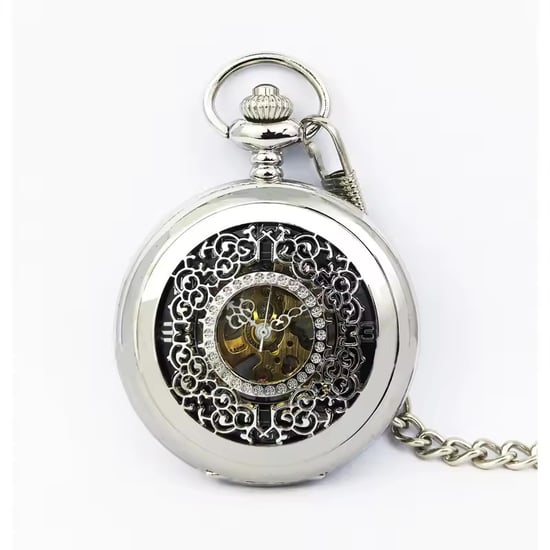 Taschenuhr mit Skelett-Halbjäger-Motiv, Messing, Antik-Silberlegierung - Image 1