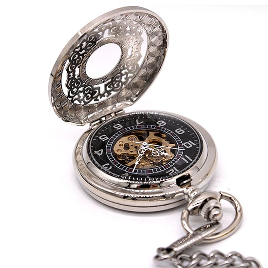 Taschenuhr mit Skelett-Halbjäger-Motiv, Messing, Antik-Silberlegierung - Image 2