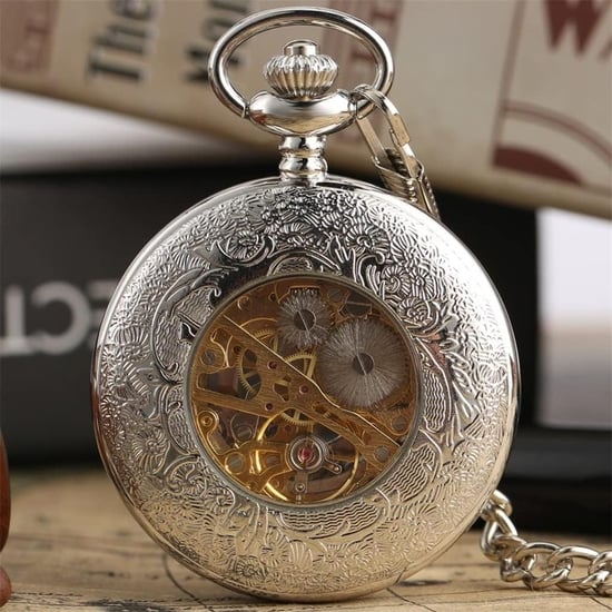 Taschenuhr mit Skelett-Halbjäger-Motiv, Messing, Antik-Silberlegierung - Image 5