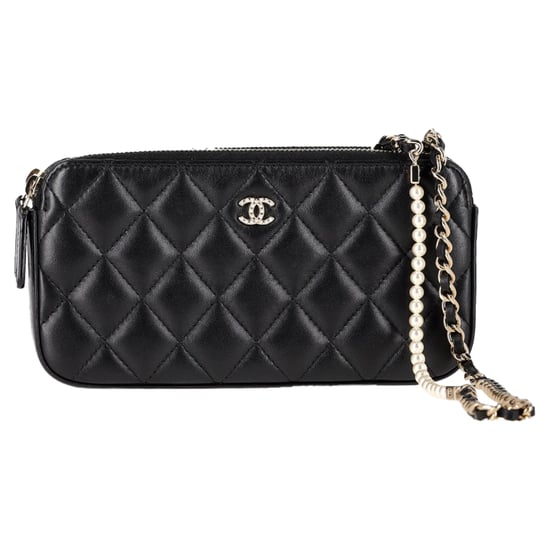 Chanel-Geldbörse mit doppeltem Reißverschluss an der Kette aus schwarzem gestepptem Leder - Image 1