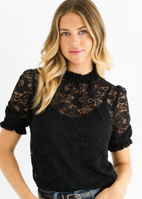 Schwarze, locker sitzende Bluse mit hohem Kragen und Spitze - Image 2