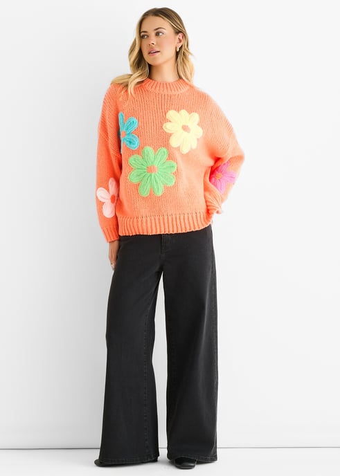 Oranger Blumenkrochet Grobstrick Oversized Pullover - Image 1