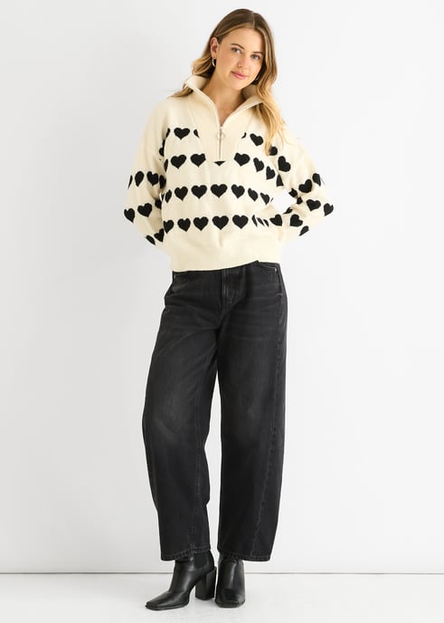 Creme Herz Zip-Up Locker Gestrickter Pullover - Image 1