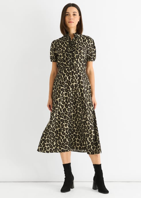 Grün Tiermuster Rüschenausschnitt Midi-Kleid - Image 1