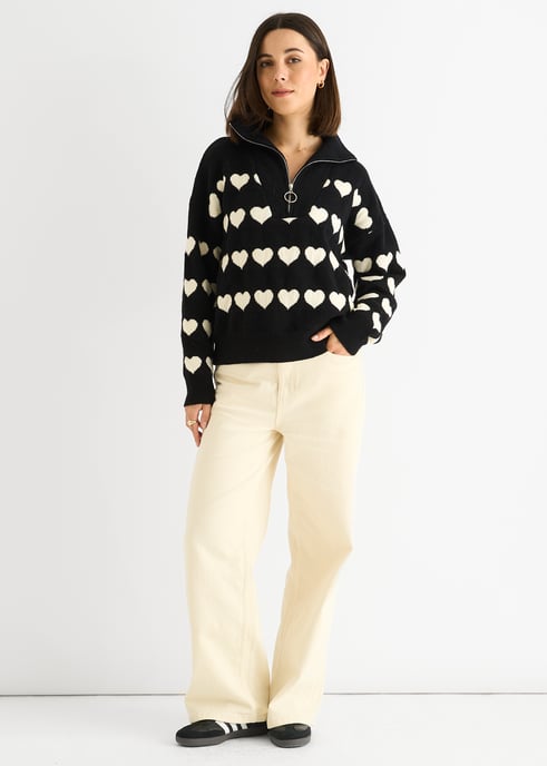 Schwarzes Herz Zip-Up Lockere Passform Strickpullover - Image 1