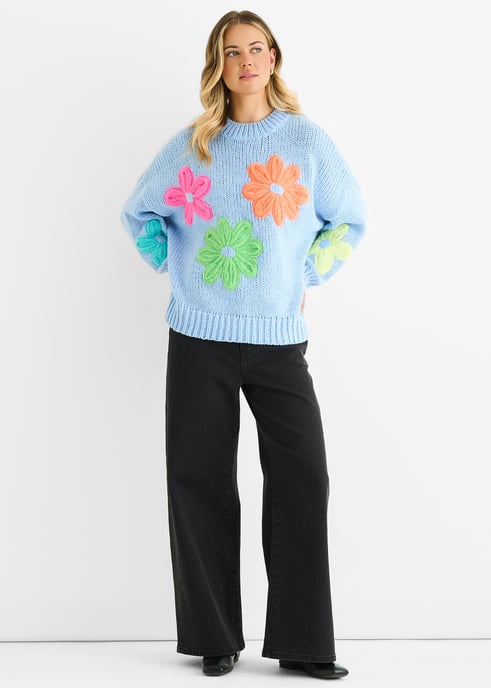 Blauer floraler Häkel-Chunky-Strick Oversize-Pullover - Image 1