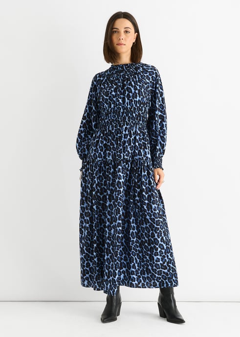 Blaues Tiermuster Raffung Hoher Hals Maxi Kleid - Image 1