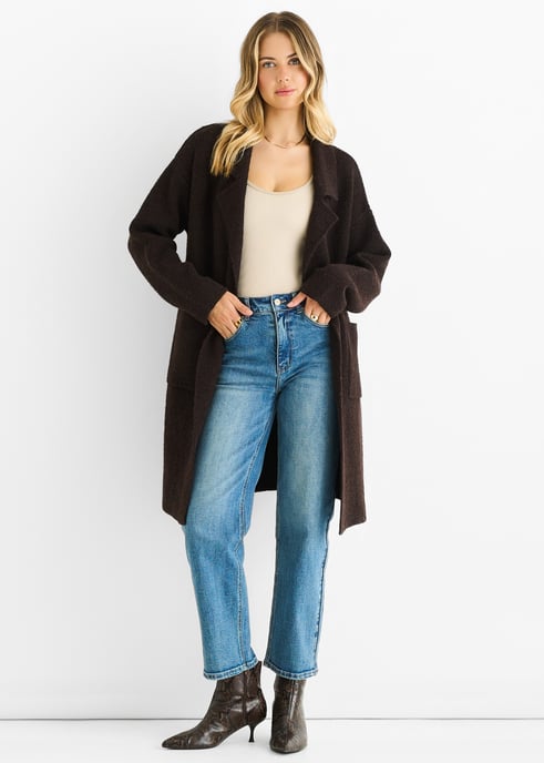 Schokoladen-Wollmischung Langarm Edge-to-Edge Cardigan - Image 1