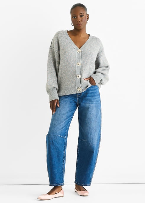 Grauer Fleckenbunt-Druck Knopf-Cardigan Look Pullover - Image 1