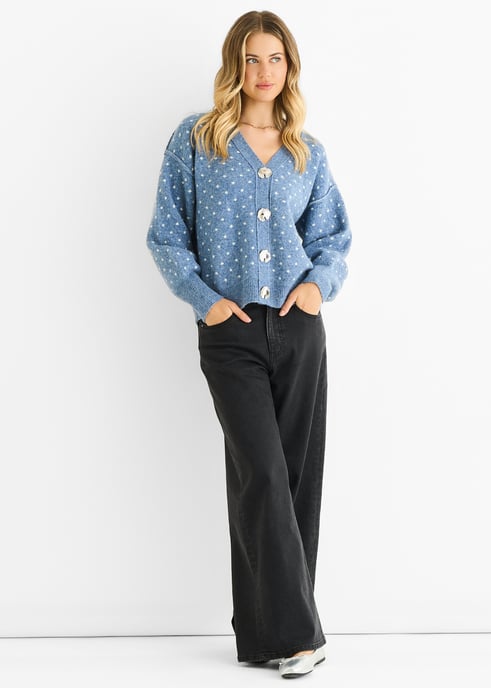 Denim-Punktdruck-Knopf-Cardigan-Look Pullover - Image 1