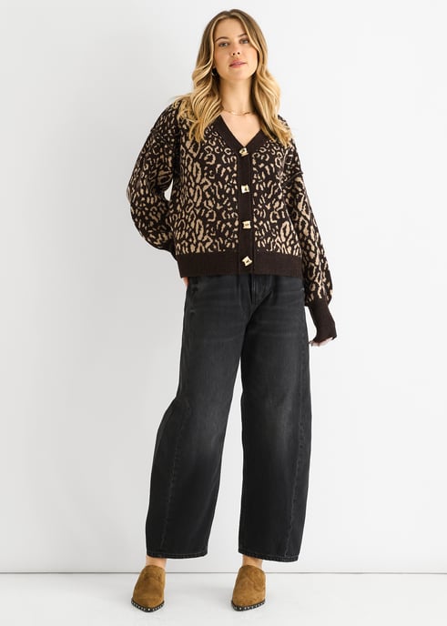 Schokoladenfarbiger Animal-Print-Wollmix-Cardigan-Look-Pullover - Image 1