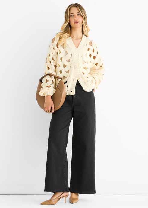Cremefarbener, hohl gestrickter Chunky-Cardigan - Image 1
