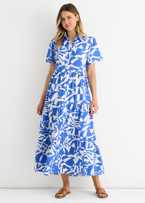 Blaues aztekisches Maxikleid mit übergroßem Smock - Image 1