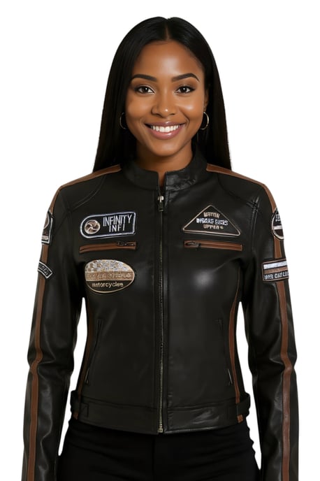 Schwarze Damen-Lederjacke mit Rennabzeichen für Biker – Dalby - Image 1