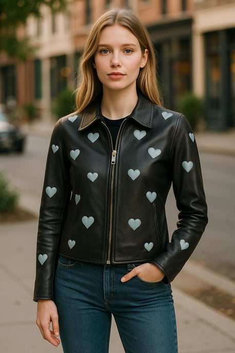 Schwarze Bikerjacke aus Leder mit Herzen für Damen – Renmark - Image 1