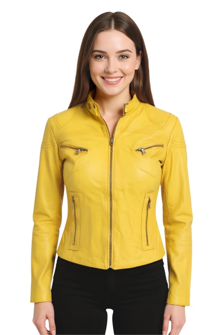 Gelbe, lässige Slim-Fit-Bikerjacke aus Leder für Damen – Tulsa - Image 1