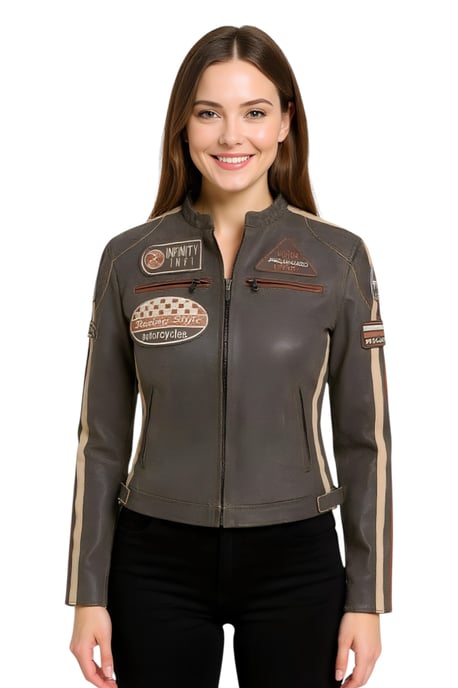 Damen Vintage Hellbraune Lederjacke mit Rennabzeichen, Dalby - Image 1