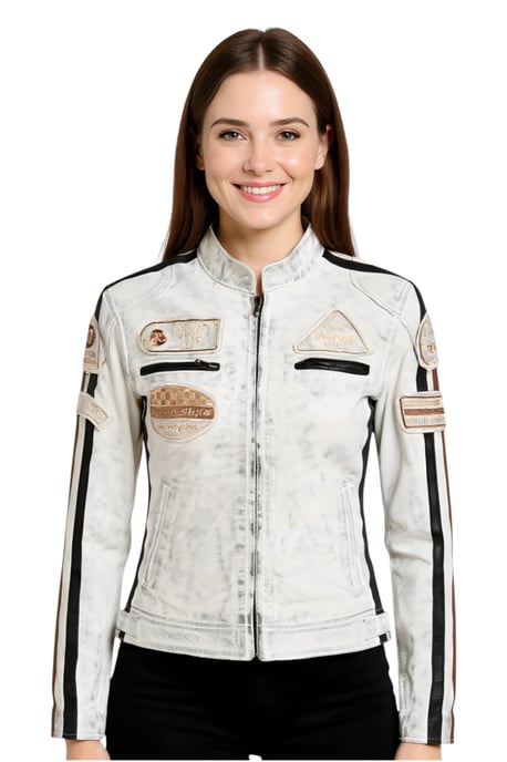 Weiße Damen-Lederjacke mit Rennabzeichen für Biker – Dalby - Image 1