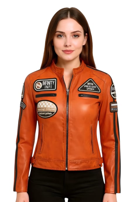 Orangefarbene Bikerjacke aus Leder für Damen mit Rennabzeichen – Dalby - Image 1