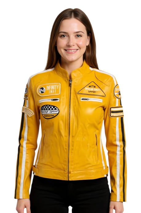Gelbe Damen-Lederjacke mit Rennabzeichen für Biker – Dalby - Image 1