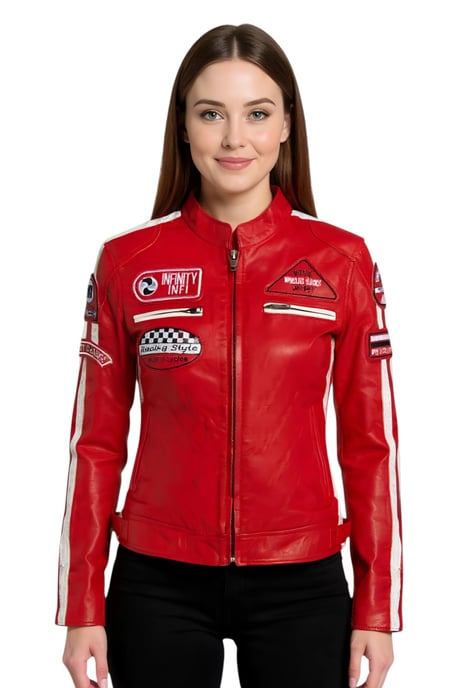 Rote Damen-Lederjacke mit Rennabzeichen für Biker – Dalby - Image 1