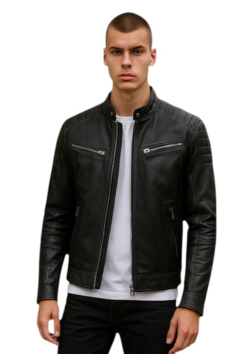 Moderne, klassische, gesteppte Bikerjacke aus schwarzem Leder für Herren – Mackay - Image 1