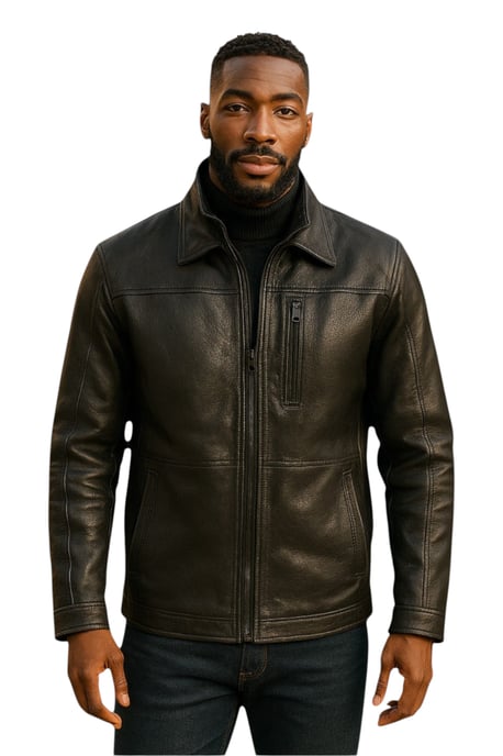 Schwarzer, warmer, mittellanger Bikermantel aus Leder für Herren – Warwick - Image 1