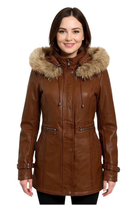 Damen Parkajacke aus hellbraunem Leder mit Kapuze – Charleville - Image 1