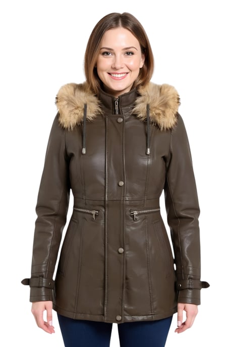 Damen Parkajacke mit Kapuze, braun, Leder, Charleville - Image 1