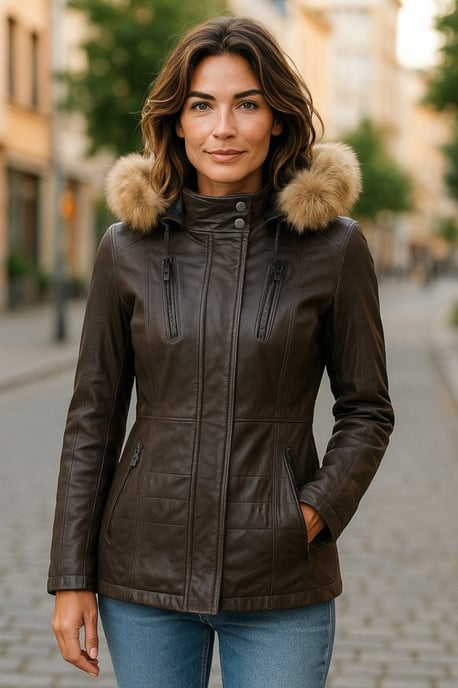 Damen-Parka aus gestepptem Leder in Braun – Winton - Image 2