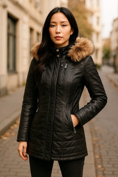 Damen-Parka aus gestepptem Leder in Schwarz – Winton - Image 2