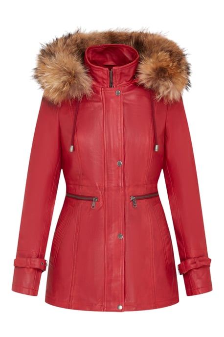 Rote warme Parkajacke aus Leder mit Kapuze für Damen – Northwich - Image 1