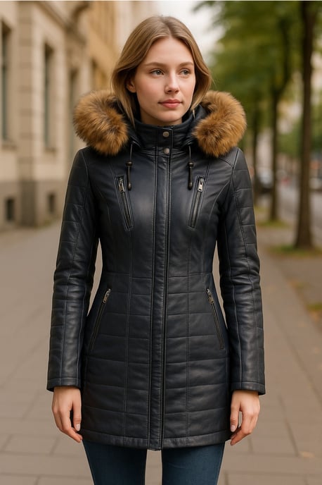 Blaue gesteppte Parkajacke aus Leder für Damen – Winton - Image 2