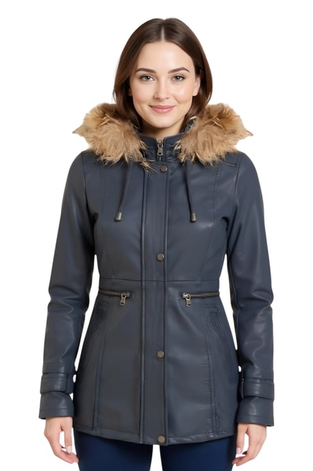 Blaue Parkajacke aus Leder mit Kapuze für Damen – Charleville - Image 1
