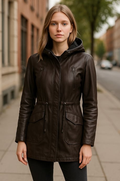 Damen Parkajacke aus braunem Leder mit Kapuze – Clare - Image 1