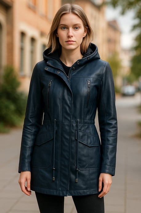 Blaue Damen-Parkajacke aus Leder mit Kapuze – Clare - Image 1