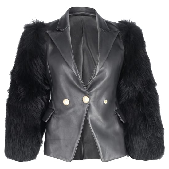 Balmain Einreiher Blazer mit Pelzärmeln aus schwarzem Leder - Image 1