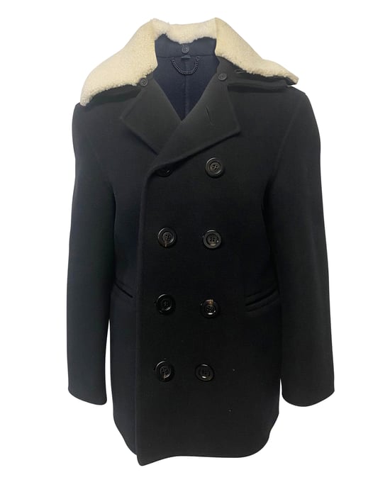 Burberry Doppelreihiger Mantel mit Schafslederkragen aus schwarzer Wolle - Image 1