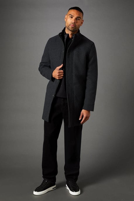 Charcoal Signature Funnel Neck Wool Blend Coat With Insert - Image 2