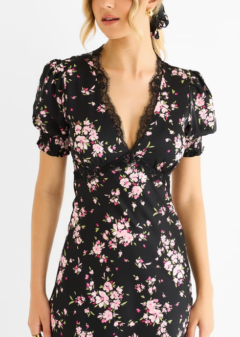 Schwarzes Midikleid mit floralem Spitzenbesatz und Bias - Image 2