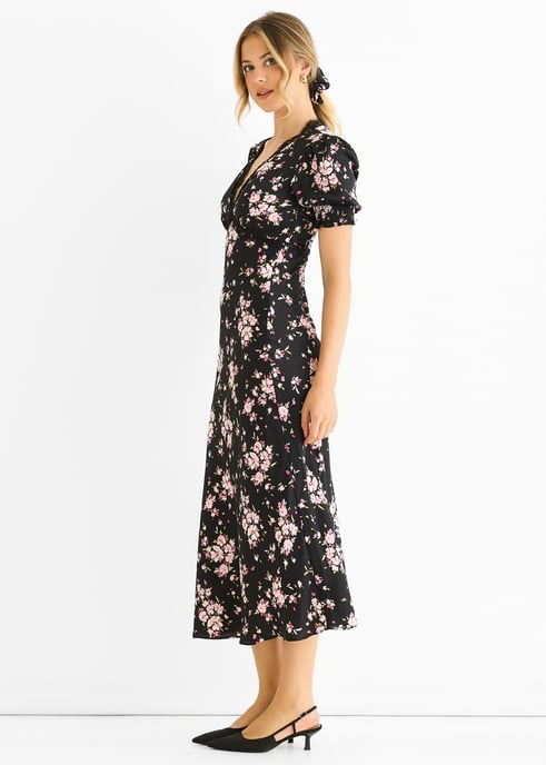 Schwarzes Midikleid mit floralem Spitzenbesatz und Bias - Image 3