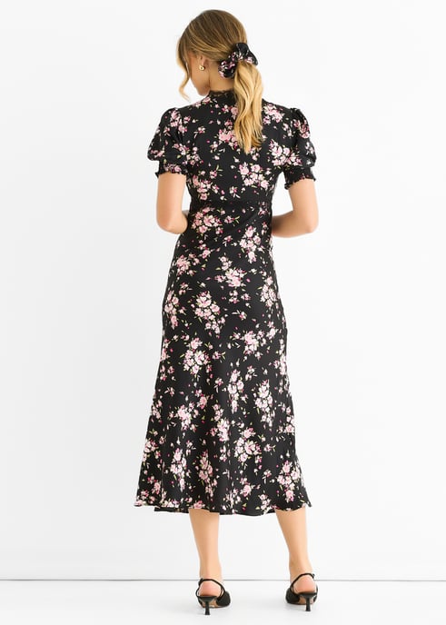 Schwarzes Midikleid mit floralem Spitzenbesatz und Bias - Image 4