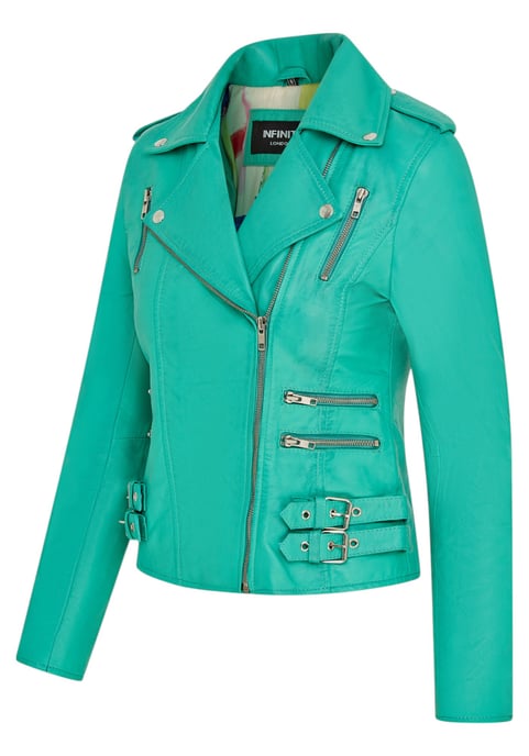 Damen Leder Aqua Blau Brando Bikerjacke-Loddon - Image 3