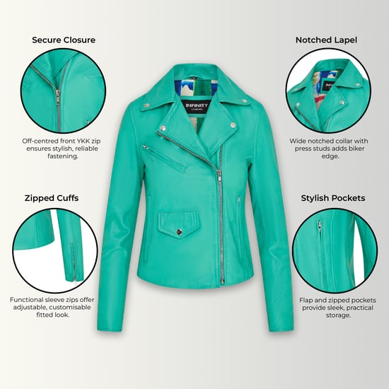 Aquablaue klassische Brando-Biker-Lederjacke für Damen – Soweto - Image 3