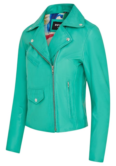 Aquablaue klassische Brando-Biker-Lederjacke für Damen – Soweto - Image 4
