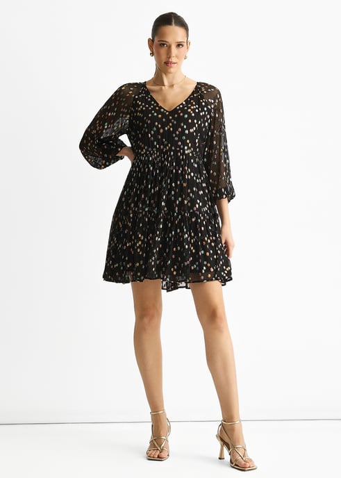 Schwarzes mehrfarbiges Punkt-Viskose-Clip-Jacquard-Mini-Teilkleid - Image 1